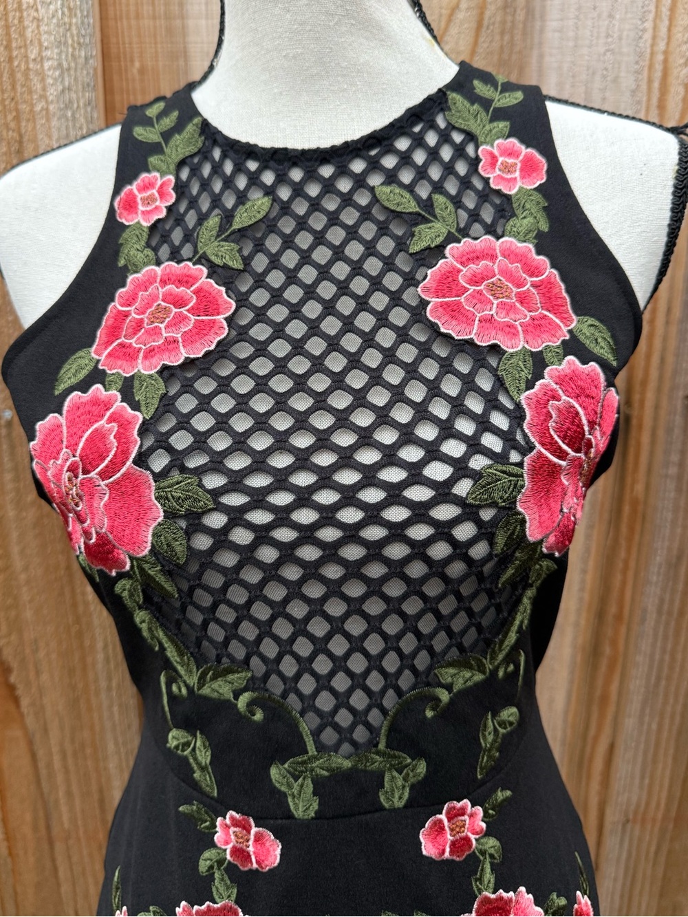 Charlotte Russe Black Mesh-Panel Mini Dress with Pink Floral Embroidery - Picture 2 of 5